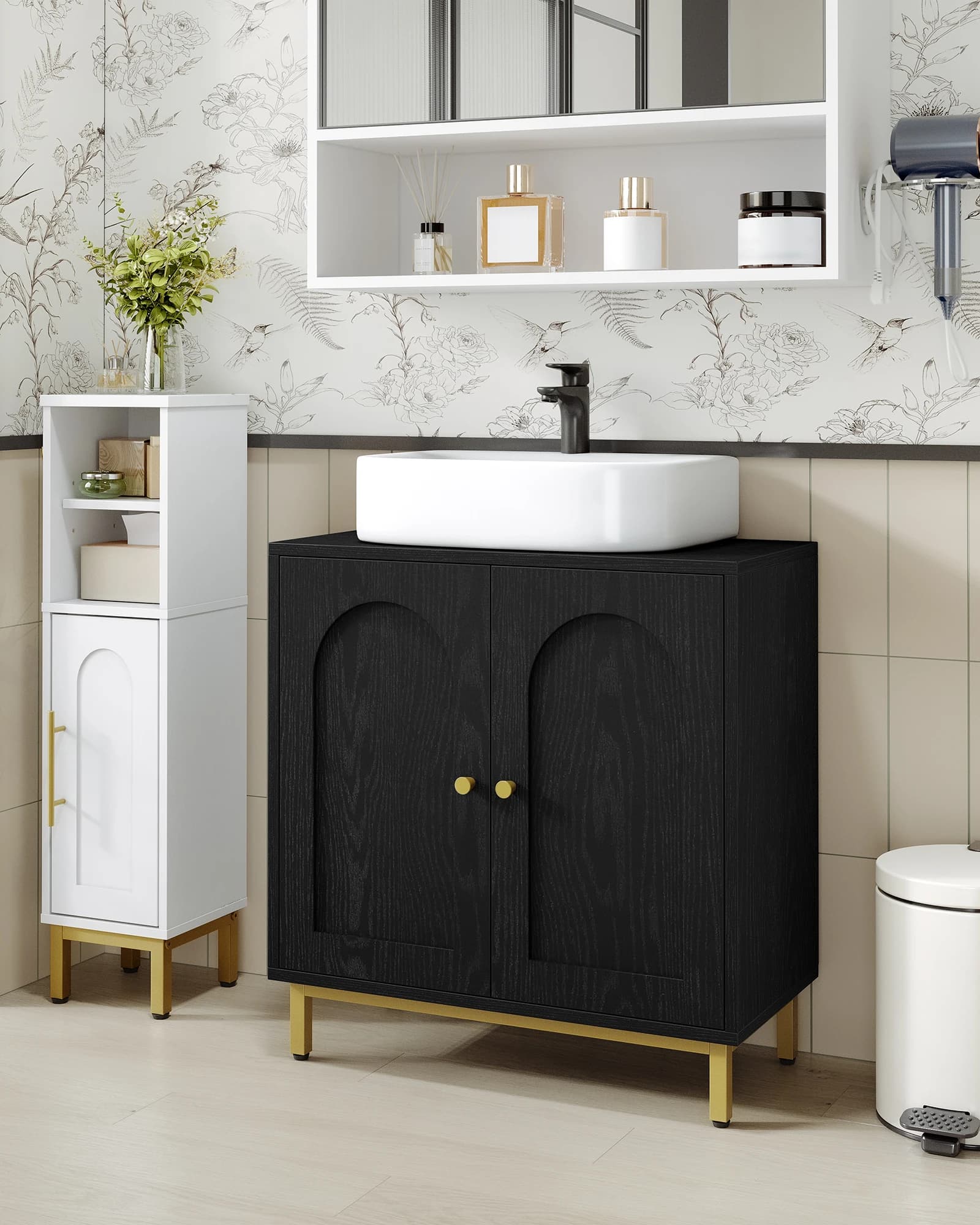 Meuble sous lavabo noir avec 2 portes, étagère réglable, beaucoup d'espace de rangement, autoportant, style maison de campagne, 30 x 60 x 63 cm
