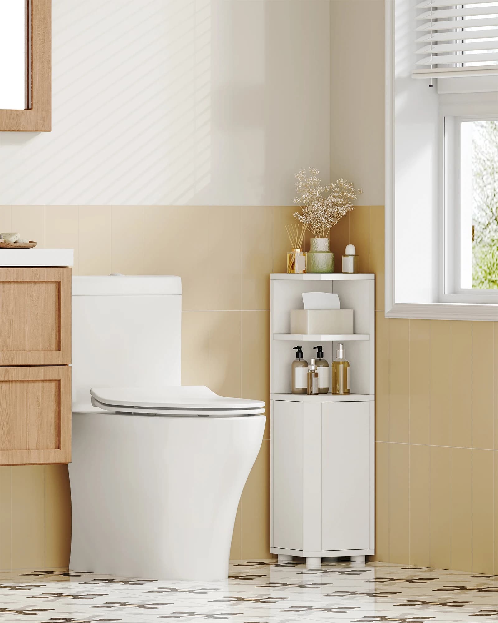 Armoire de salle de bain, armoire d'angle, armoire de toilette avec étagères réglables, 2 portes latérales, étagère de salle de bain étroite,