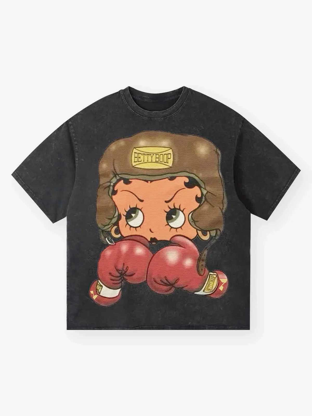 T-shirt délavé imprimé boxe fille dessin animé