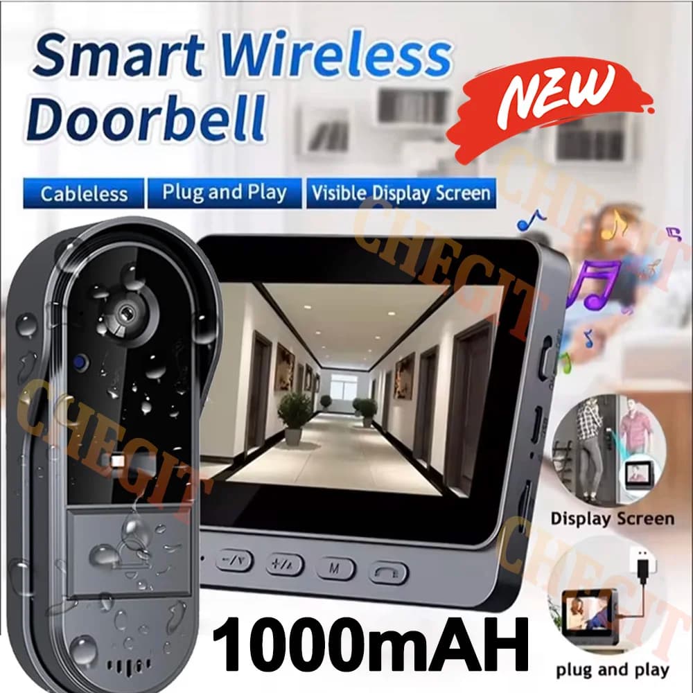 Sonnette Wifi sans fil avec caméra, interphone vidéo 1080P, étanche, écran IPS 4,3 pouces, sécurité domestique, Vision nocturne IR