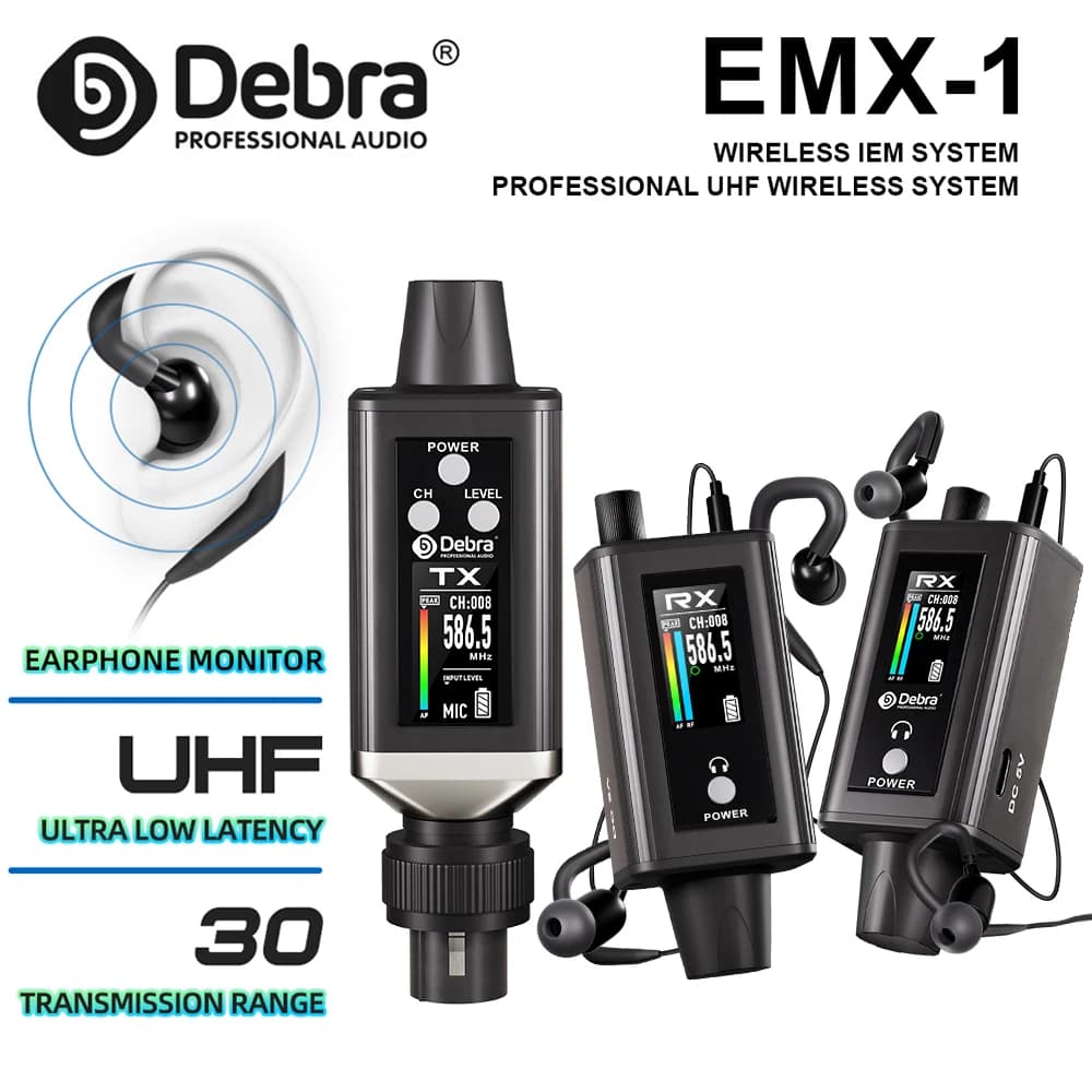 Système de monitoring sans fil stéréo UHF Debra EMX-1 Audio IEM, portable et rechargeable, avec 16 fréquences réglables sur l'écran