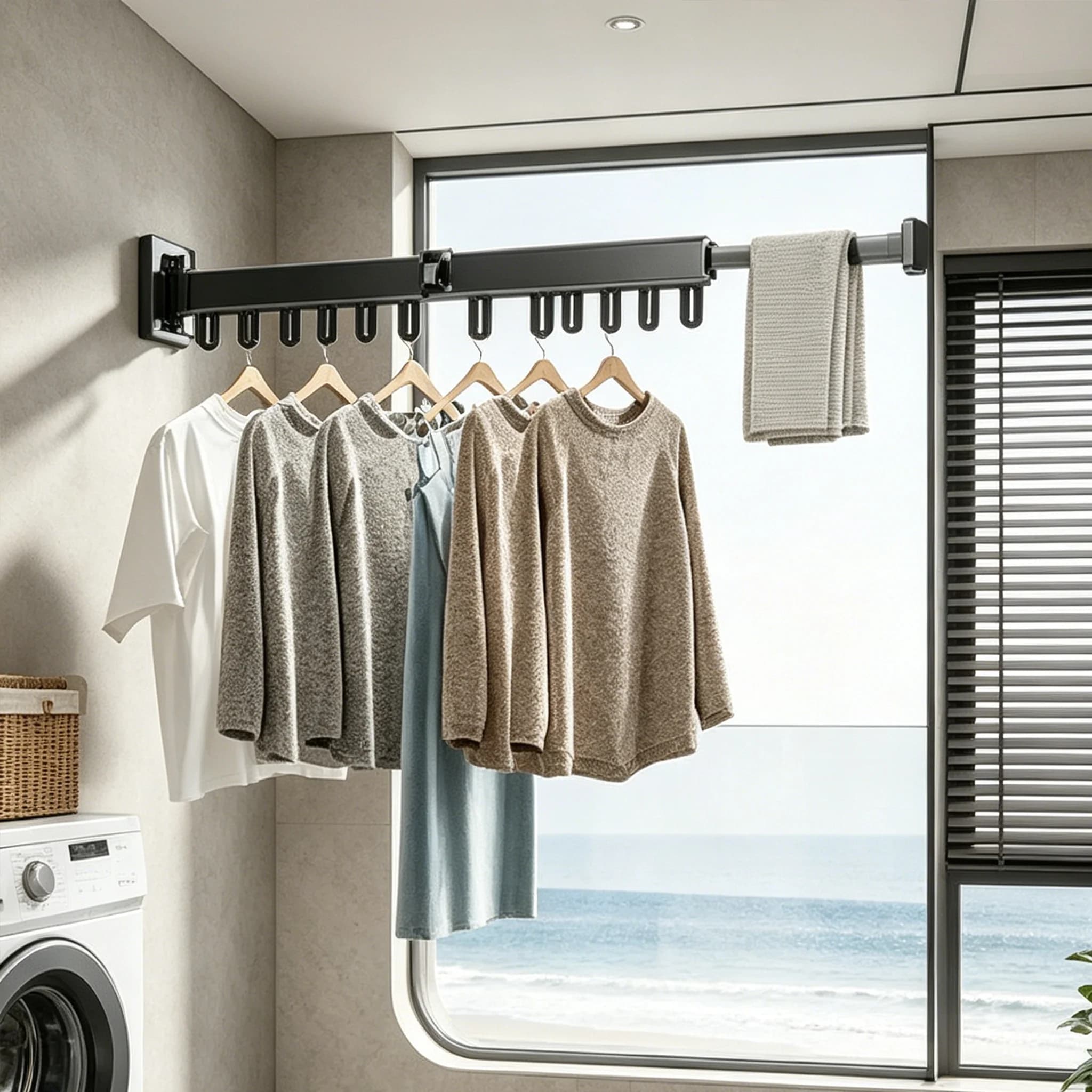 Séchoir à linge mural pliable, séchoir à linge rétractable en aluminium, 2 modes d'installation sans perçage avec crochets coupe-vent pour