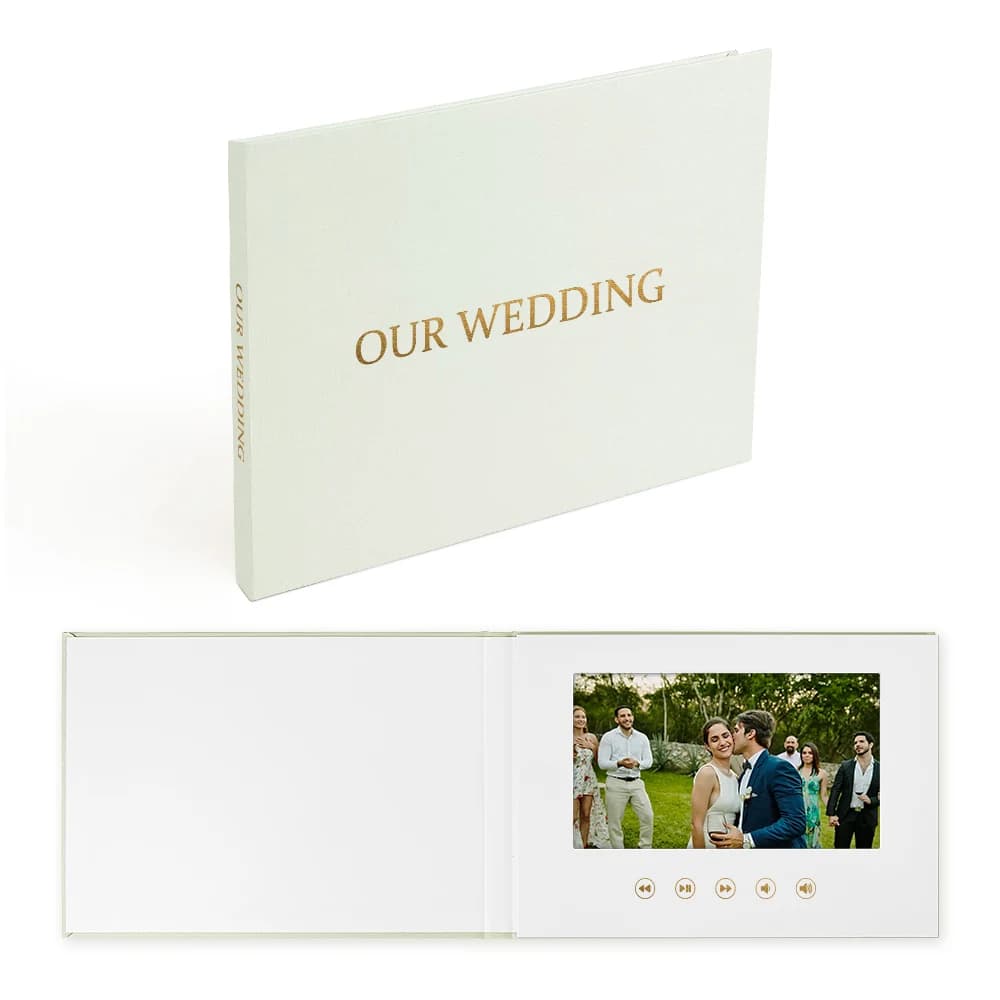 Livre vidéo de luxe relié en lin Album vidéo de mariage jusqu'à 3 heures de vidéos, écran IPS 7", 4 Go de mémoire et batterie rechargeable