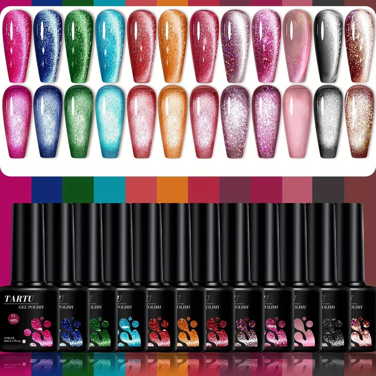TARTU 12 pièces 8ml ensemble de vernis à ongles Gel oeil de chat, Kit de vernis Gel à paillettes nu rose rouge marron, à tremper Uv/Led, Nail Art