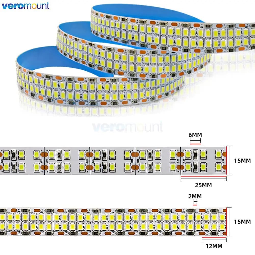 Bande LED Flexible 2835 à Double rangée, 5m, 240 diodes/m, 480 diodes/m, blanc froid et chaud, 4000K, IP20, Non étanche, 1200/2400 SMD, 12V 24V DC