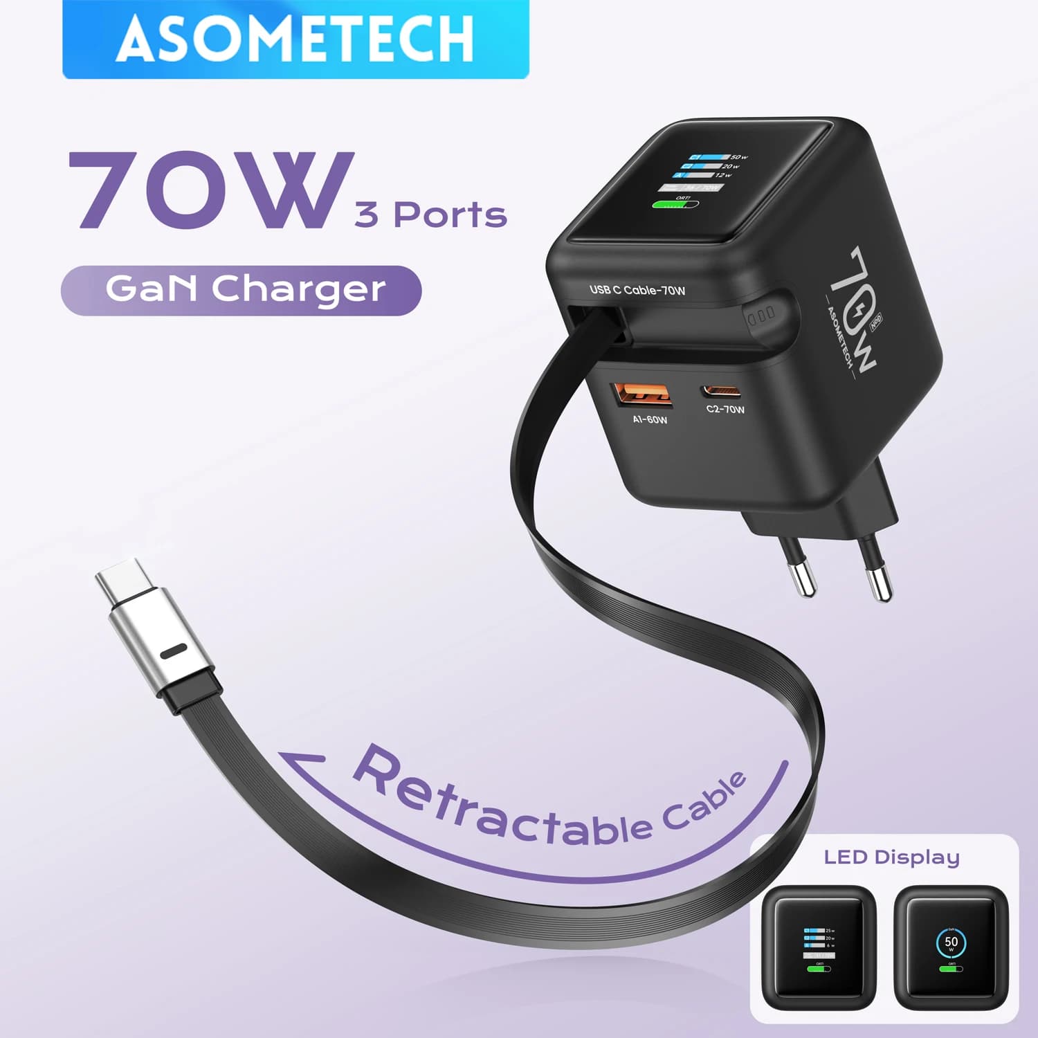 Chargeur rapide GaN 70W avec câble rétractable type-c 3 en 1 PD3.0 QC4.0 PPS, charge rapide pour IPhone 16 15 14 Xiaomi tablette ordinateur portable