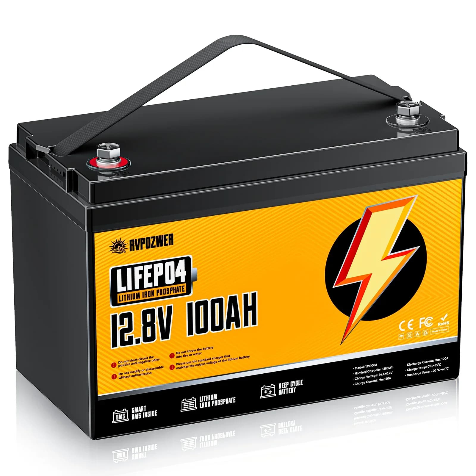Batterie au lithium RVPOZWER 12V 100Ah, capacité nominale LiFePO4 1280Wh, batterie 100A BMS solaire portable rechargeable, 25000 cycles