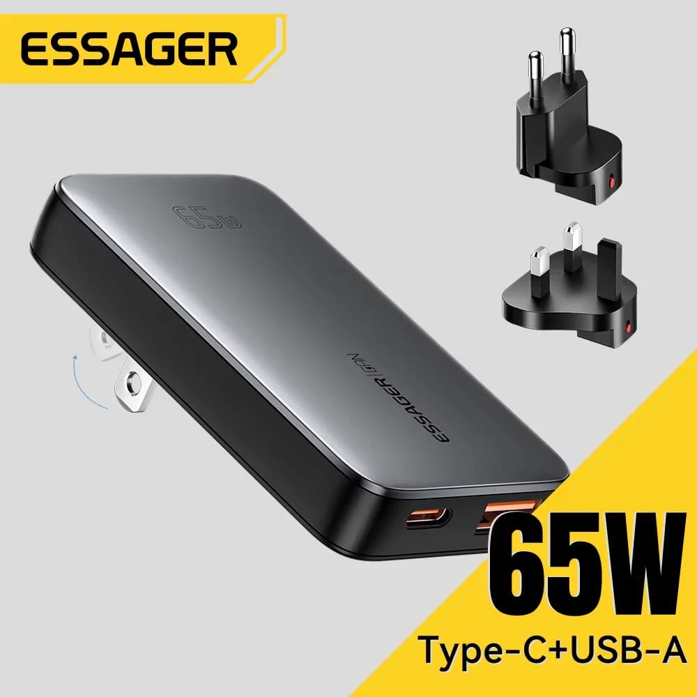 Essager-Chargeur de voyage ultra fin 65W GaN, charge rapide 4.0 PD3.0 PPS portable de type C pour iPhone Samsung Macbook ordinateur portable