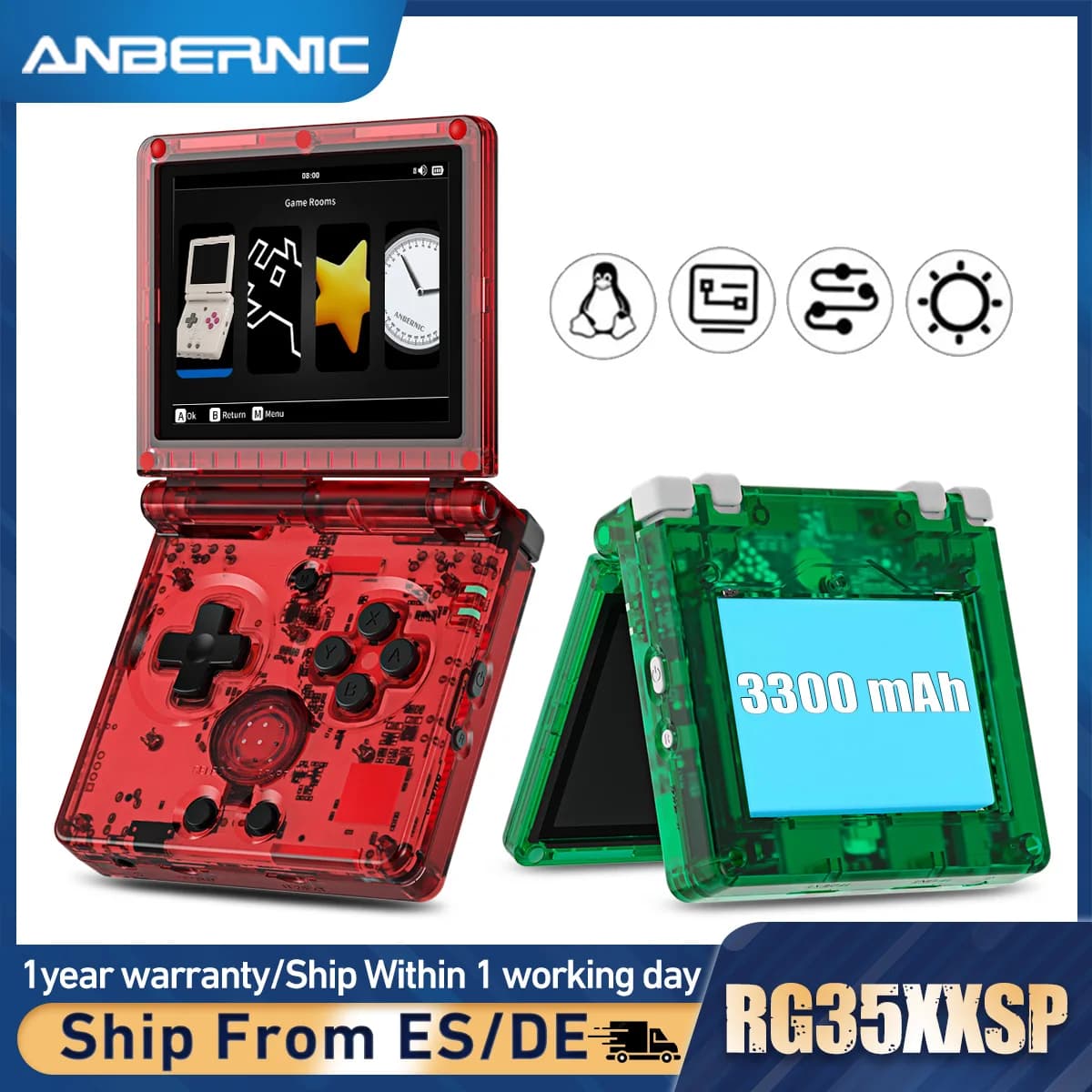 ANBERNIC – Console de jeu portable rétro RG35XXSP, écran IPS de 3.5 pouces, système Linux, sortie TV HD, Streaming multijoueur en ligne