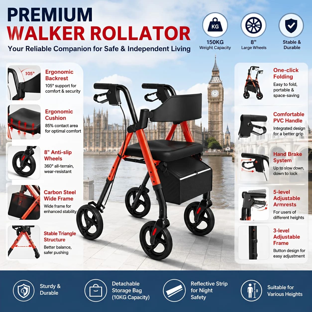 MaiDeSiTe Déambières à roulettes pour personnes âgées, déambulateur pliable avec siège, déambulateur à roulettes avec aluminium durable,