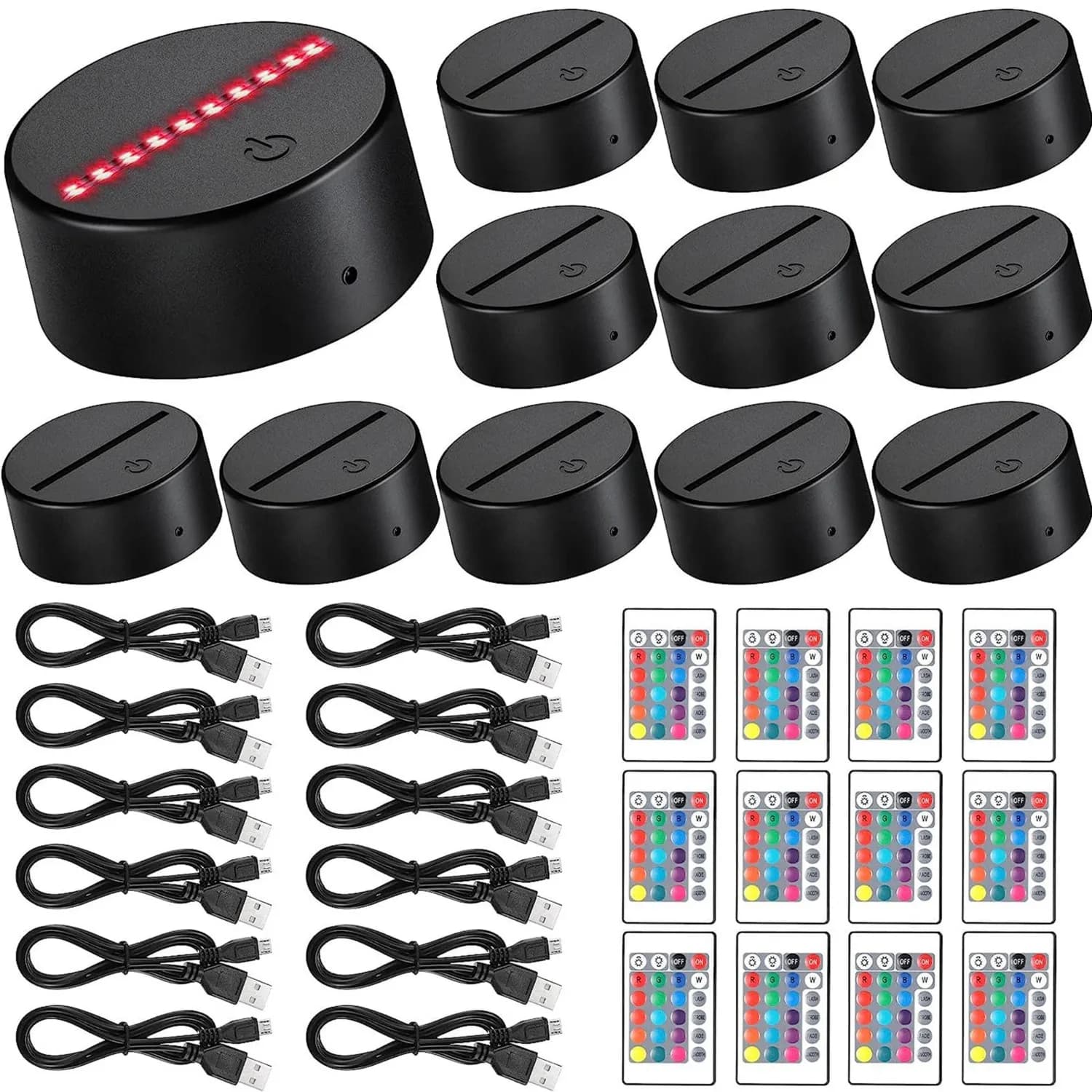 Base de lampe LED de nuit 3D, 12 pièces, 16 couleurs, présentoir d'exposition de lumière décorative avec câble USB à distance pour verre en