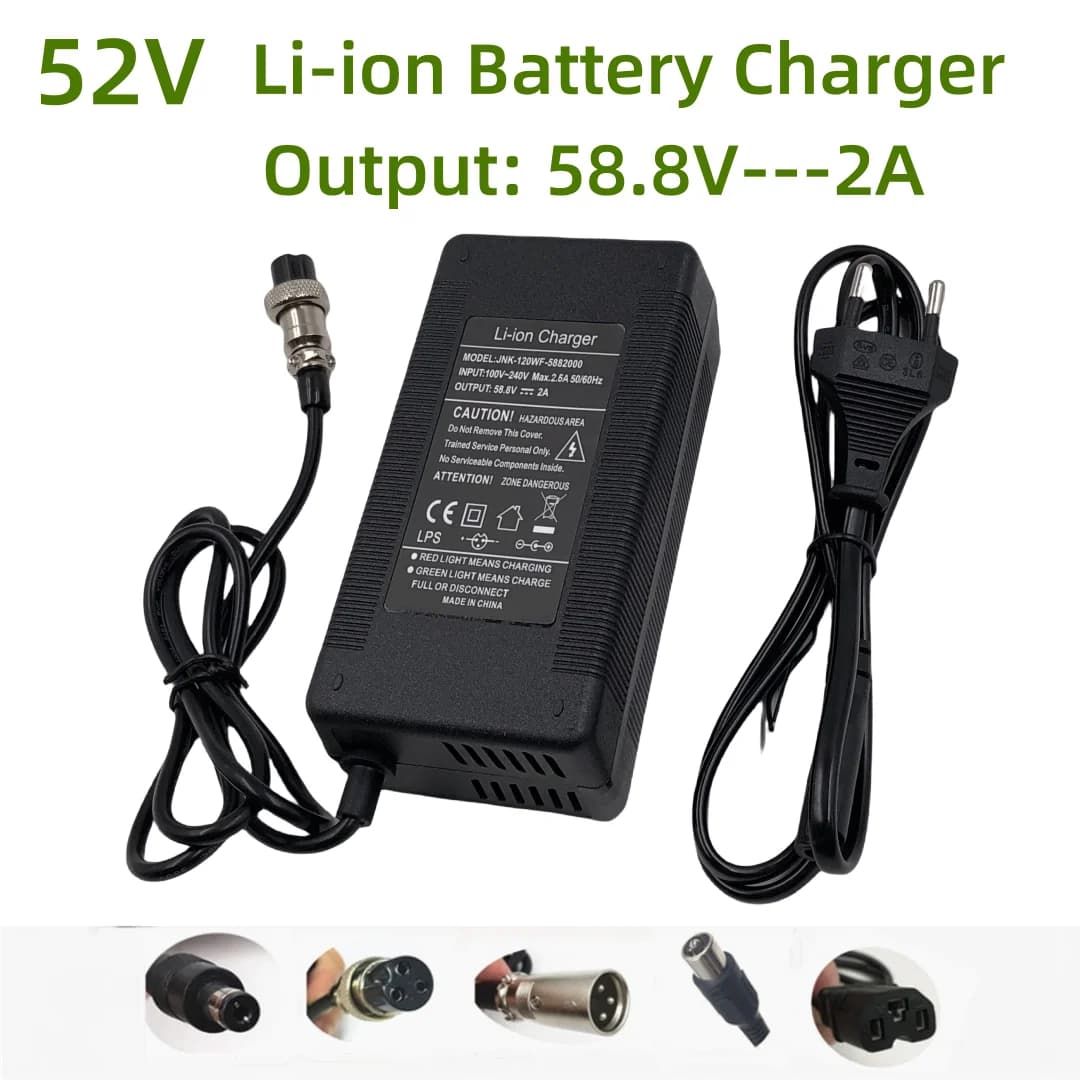 Chargeur 58,8 V 2 A avec prise XLR GX16-3 broches DC5.5, adaptateur d'alimentation pour batterie Li-ion 52 V, entrée 100-240 V
