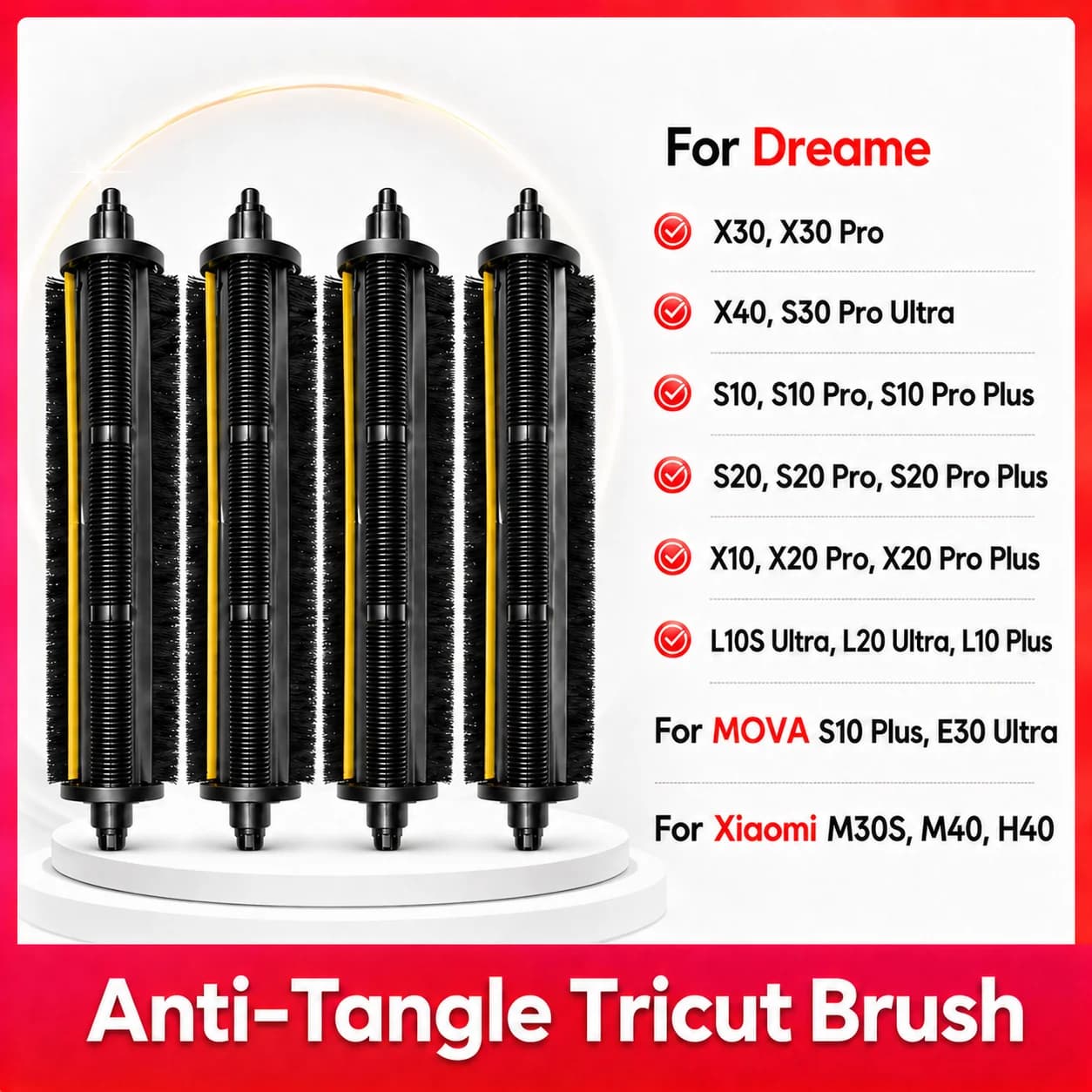 Brosse TriCut Compatible avec Dreame X40 Ultra, X30 Pro, X20 Pro, S10, S20 Pro Plus, L10S Pro Ultra, Mova E30 Ultra, Xiaomi M30S, M40, H40
