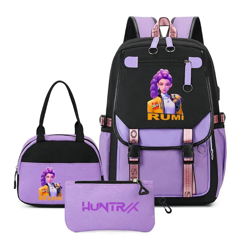 Sacs à dos KPop Demon Hunters, capacité 3 pièces, cartable d'école pour adolescents avec sacs à lunch, sac à dos pour femmes, garçons et