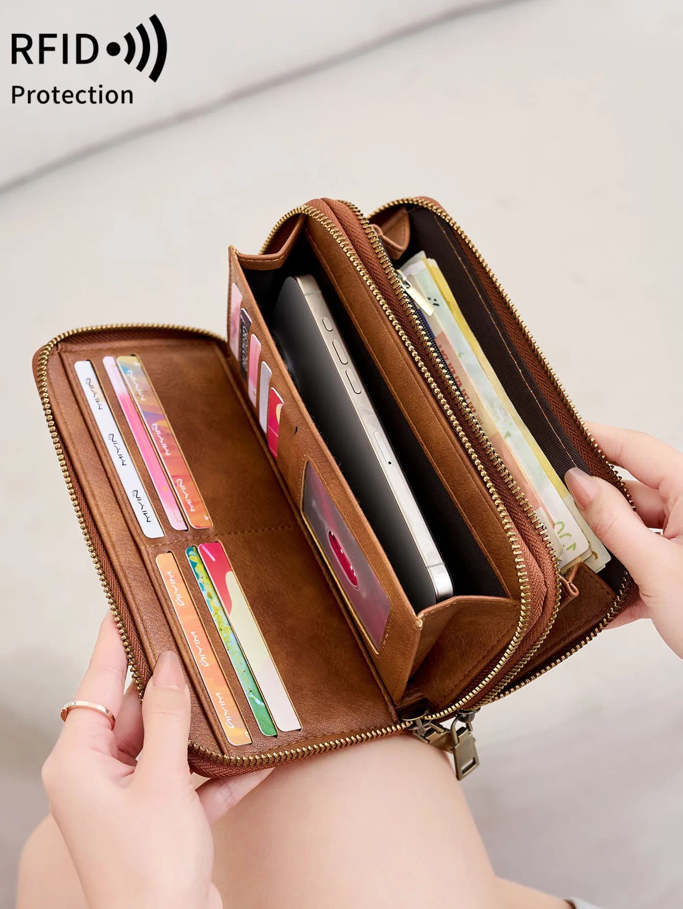 Nouveau portefeuille Vintage à Double fermeture éclair, blocage RFID, grande capacité, sac à main élégant pour femmes avec plusieurs