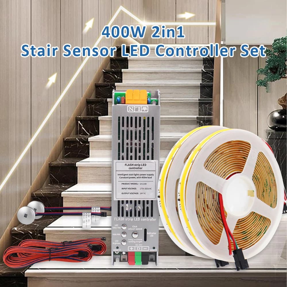 Bande lumineuse d'eau courante COB WS2811, 5M 10M 15M, pour 24V 400W, capteur de mouvement PIR, contrôleur d'escalier, éclairage décoratif
