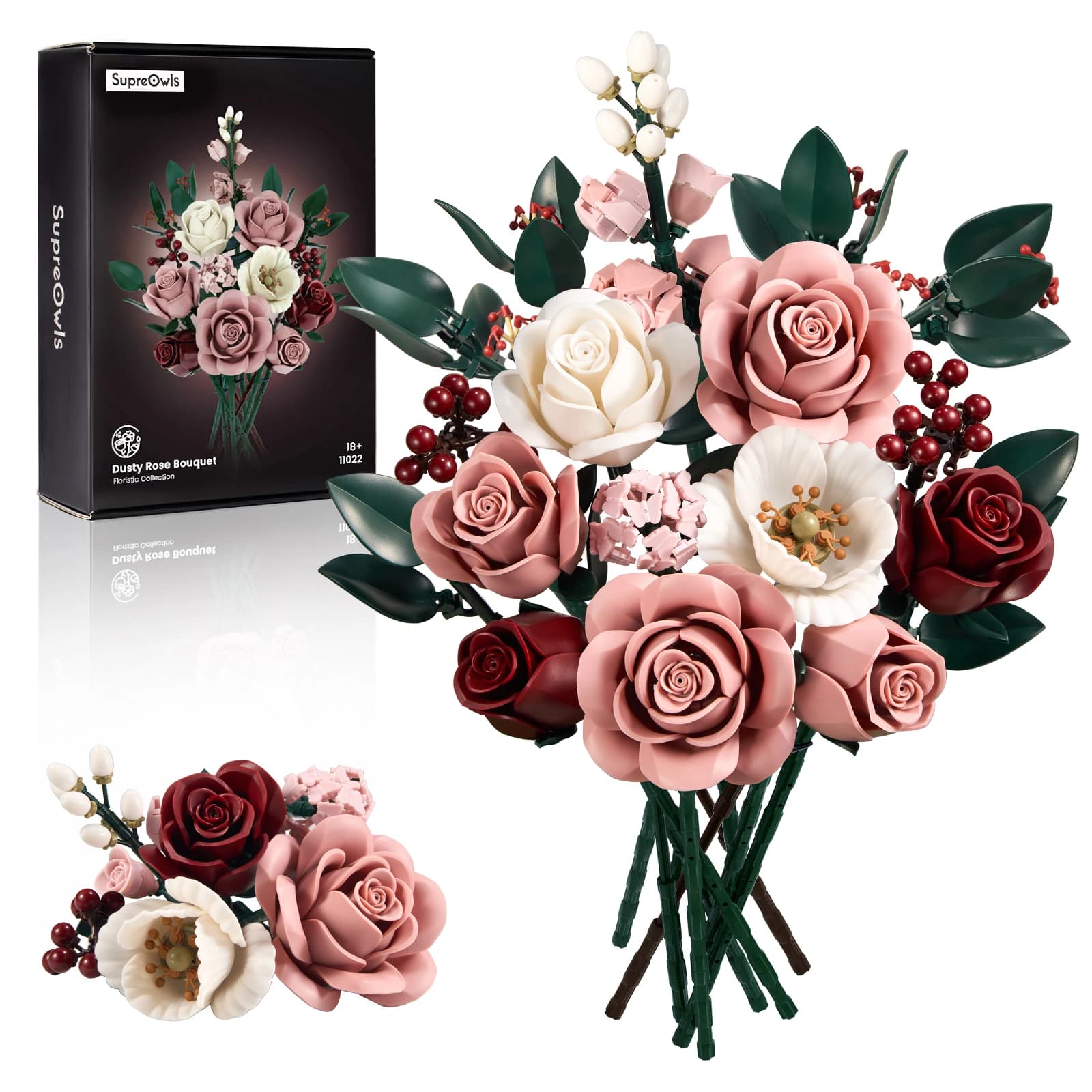 Ensemble de construction de bouquets de roses roses, fleurs artificielles, plantes, décoration de salle de bureau, maison, cadeaux de noël pour la