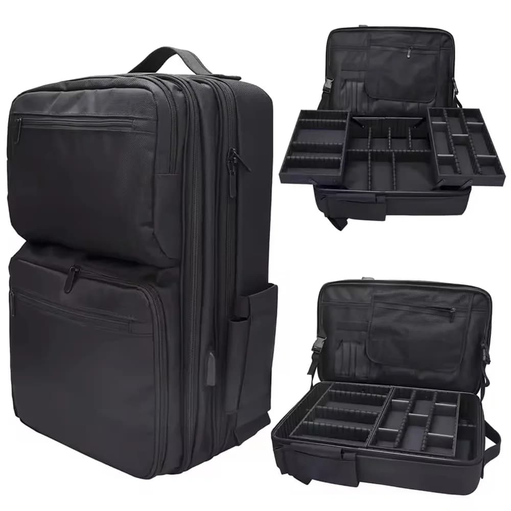 Sac à dos de voyage de maquillage avec grand sac coulissant de rangement de cosmétiques, plateaux de séparation réglables, sac d'outils de barbier