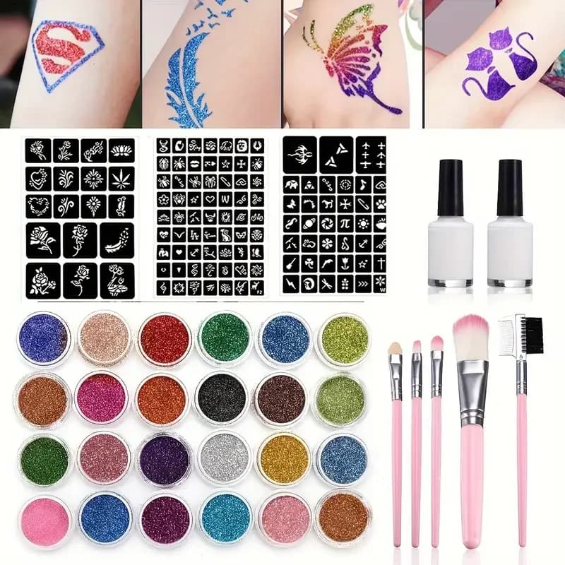 Ensemble de tatouage temporaire à paillettes, 24 couleurs avec 2 bouteilles de colle, 3 feuilles de papier pochoir pour spectacles sur scène, fêtes