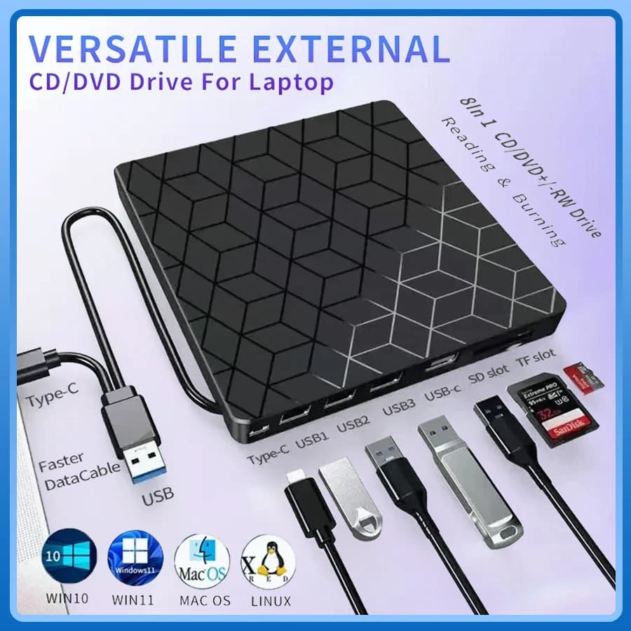 7 en 1 USB3.0 et Type C CD DVD enregistreur lecteur écrivain externe DVD graveur lecteur optique lecteur Portable pour ordinateur Portable ordinateur