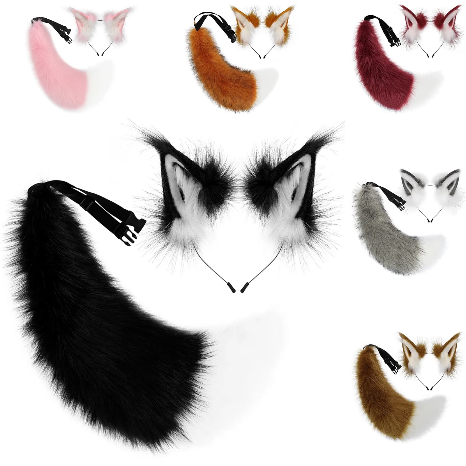 2 pièces fausse fourrure oreilles d'animaux bandeau fourrure renard loup queue ensemble de costumes pour fête Cosplay
