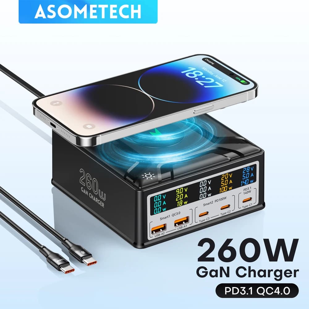 ASOMETECH 260W GaN chargeur affichage numérique bureau USB Type C chargeur 140W PD3.1 PPS QC4.0 chargeur rapide pour ordinateur portable tablette