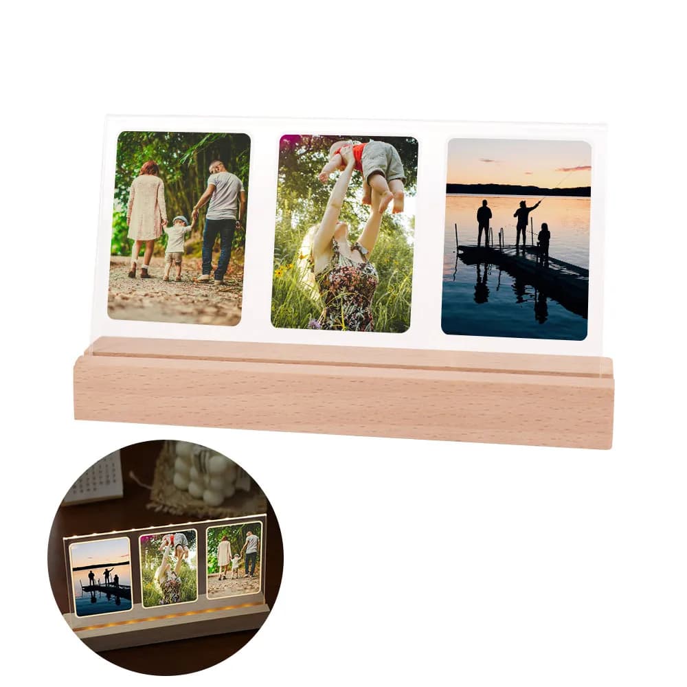 Cadre photo LED 3-en-1 avec base en bois, pour photos instantanées de 3 pouces, support de table polyvalent pour affichage de photos