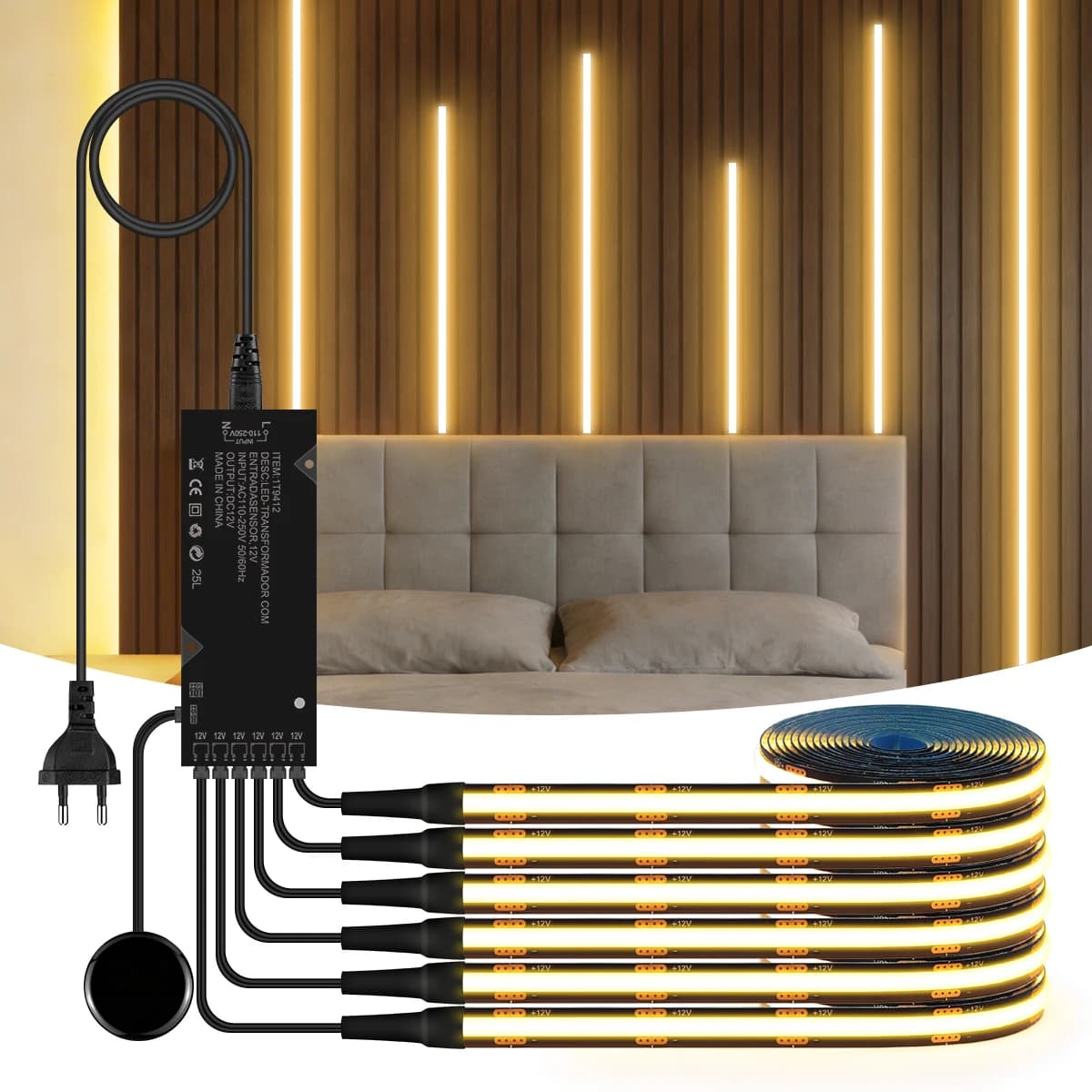 Grille en bois de noyer rideau acoustique panneau mural bande lumineuse LED noir PCB COB Kit tactile réglable pour armoire TV rétro-éclairage