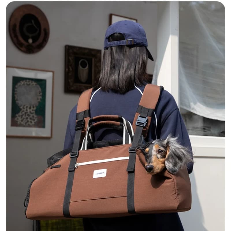 Sac à dos de transport pour chien Teckel en nylon marron, double bandoulière, pour voyages en extérieur et randonnées