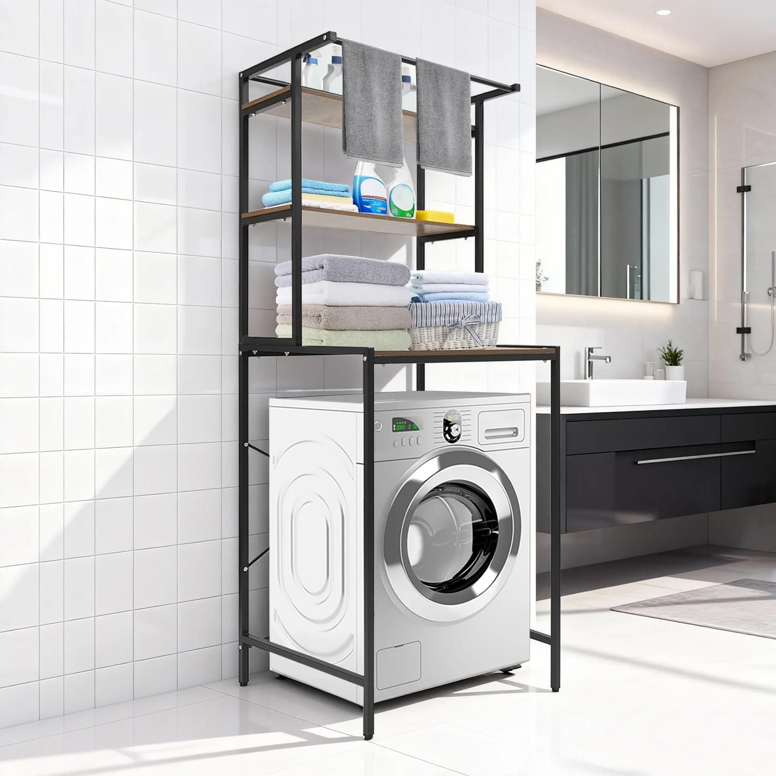 Étagère de rangement pour lave-linge et sèche-linge, chêne noir, 3 niveaux, organisateur au-dessus de la machine à laver, structure en fer en X,