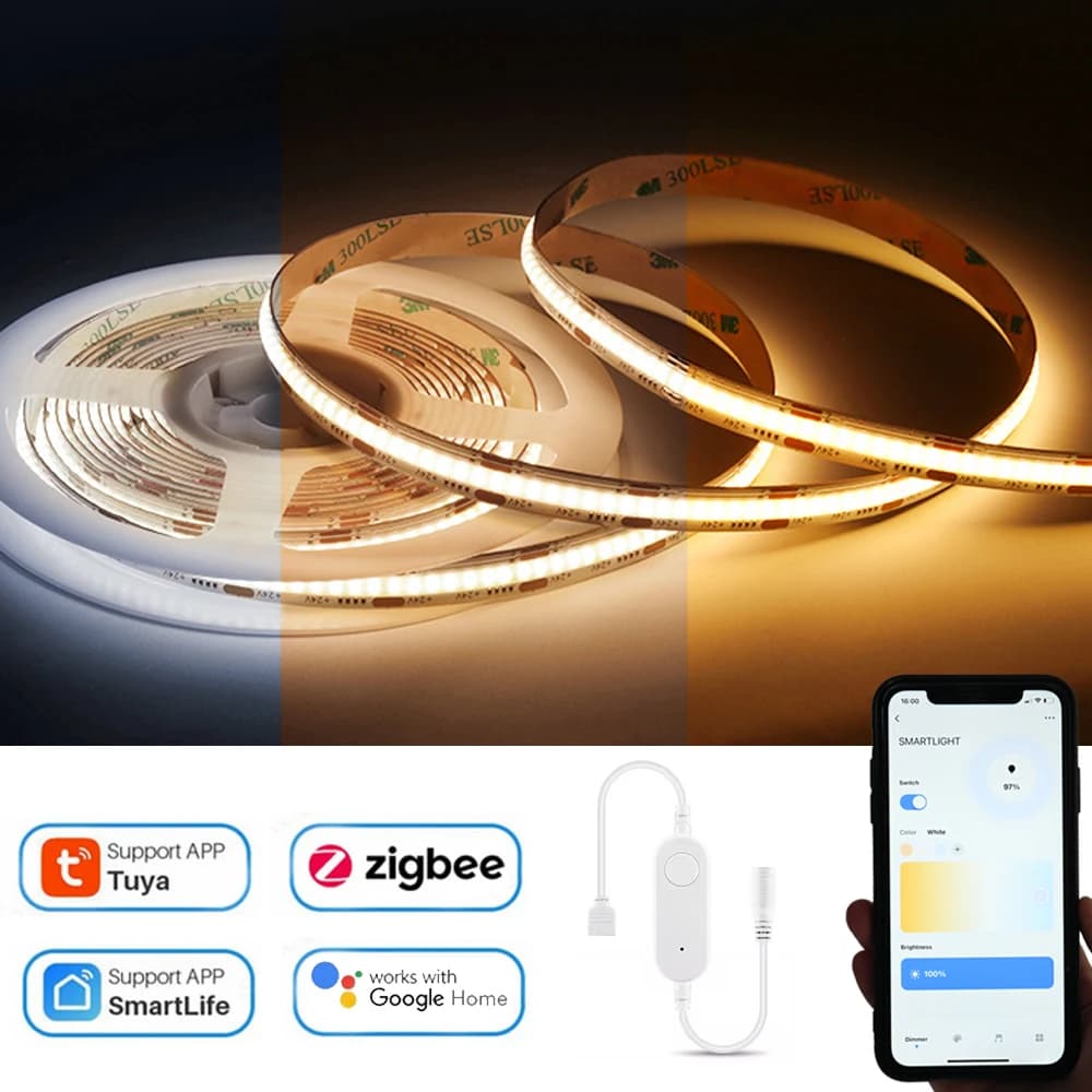 Tuya Zigbee-Bande Lumineuse LED COB CCT, 12V, 2m, 3m, 5m, 10m, Flexible, Dimmable Chi Board, Lampe de Décoration de Garde-Robe pour Alexa, Google