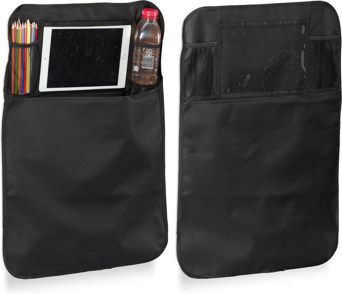 relaxdays autostoel organizer - 4 vakken - tabletvak - zwart (2 stuks)