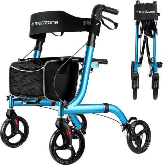 Medzone Fortis - Rollator Lichtgewicht Opvouwbaar - Zitfunctie Rugleuning Blauw/Aluminium