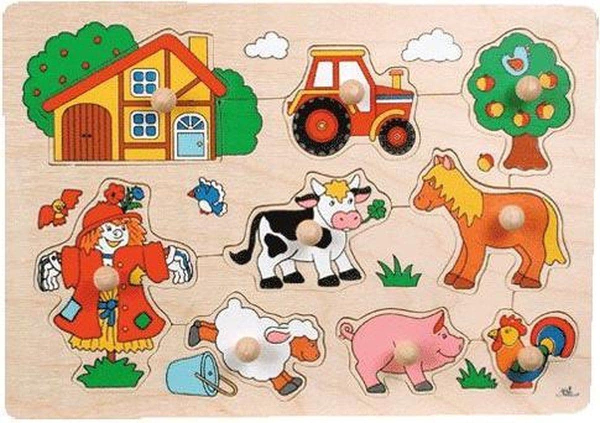 Goki Houten Noppenpuzzel - Boerderij - 9 puzzelstukken - 30 x 21 cm