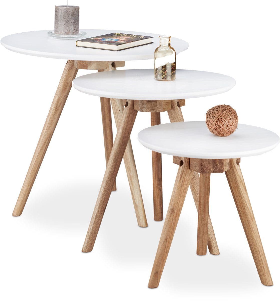 WOLTU Bijzettafel Set van 3 Wit/Walnoot - 50, 40 en 32 cm - Rond - Nestbaar
