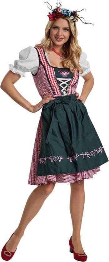 Dressforfun Mini-Dirndl Berchtesgaden model 2 S - verkleedkleding - vetersluiting met strass-steentjes - rood-wit