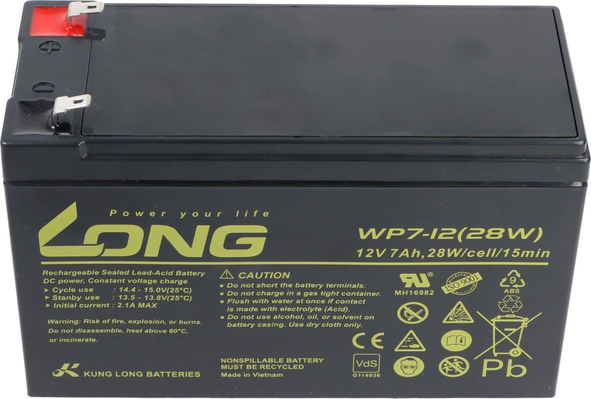 Kung Long onderhoudsvrije loodaccu WP7-12(28W) met 4,8mm Faston aansluiting 12V/7Ah