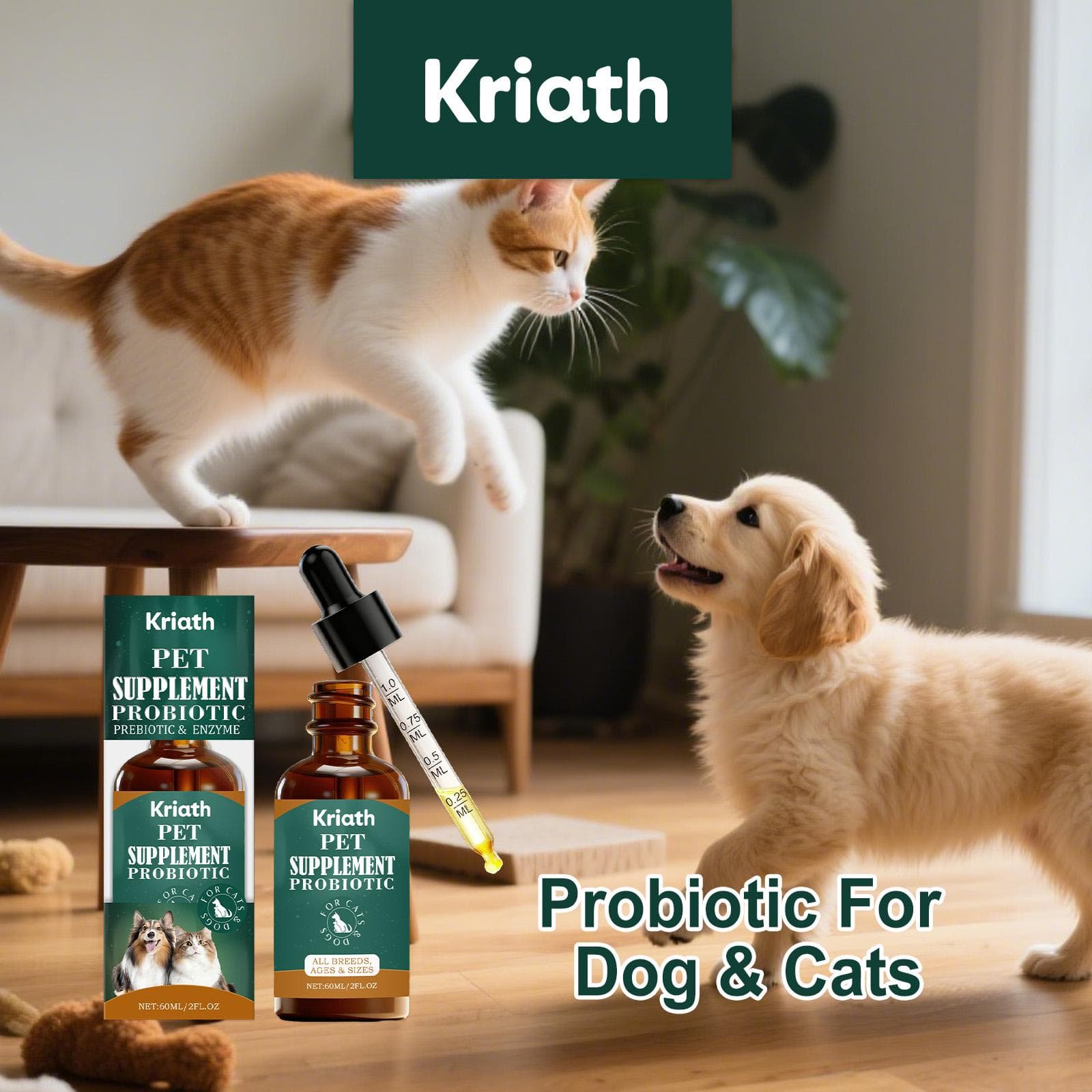 Kriath Gouttes Probiotiques pour Chats et Chiens 60ml: Soin doux pour la santé intestinale du chat et du chien. Gouttes pour les soins de la santé