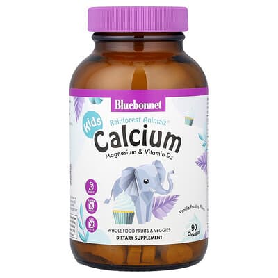 Bluebonnet Nutrition, Kids, Rainforest Animalz®, Calcium Magnesium & Vitamine D3, Vanille Glazuur, 90 Kauwtabletten