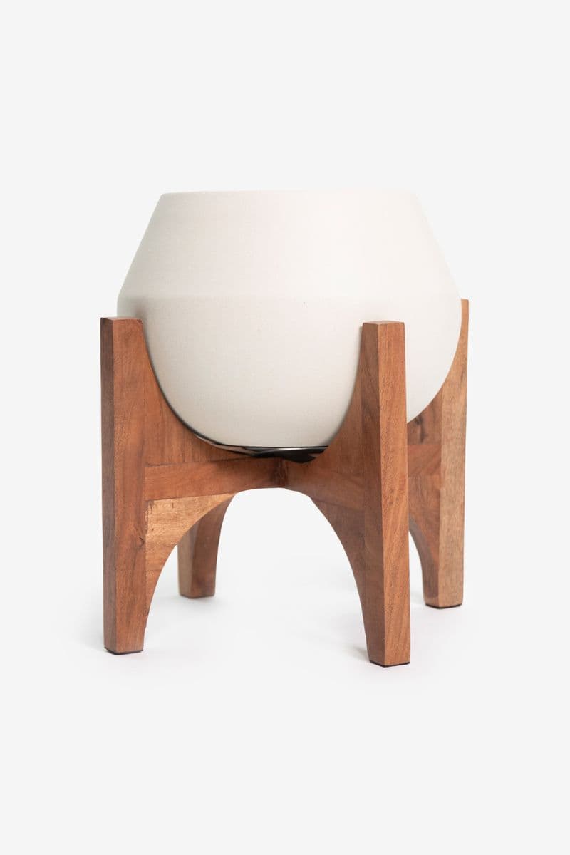 Pot De Fleurs Avec Support En Bois - Blanc