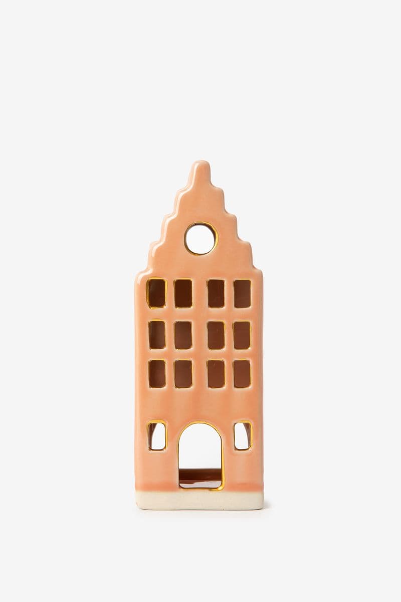 Photophore Maison Avec Pignon À Redans - Rose Clair