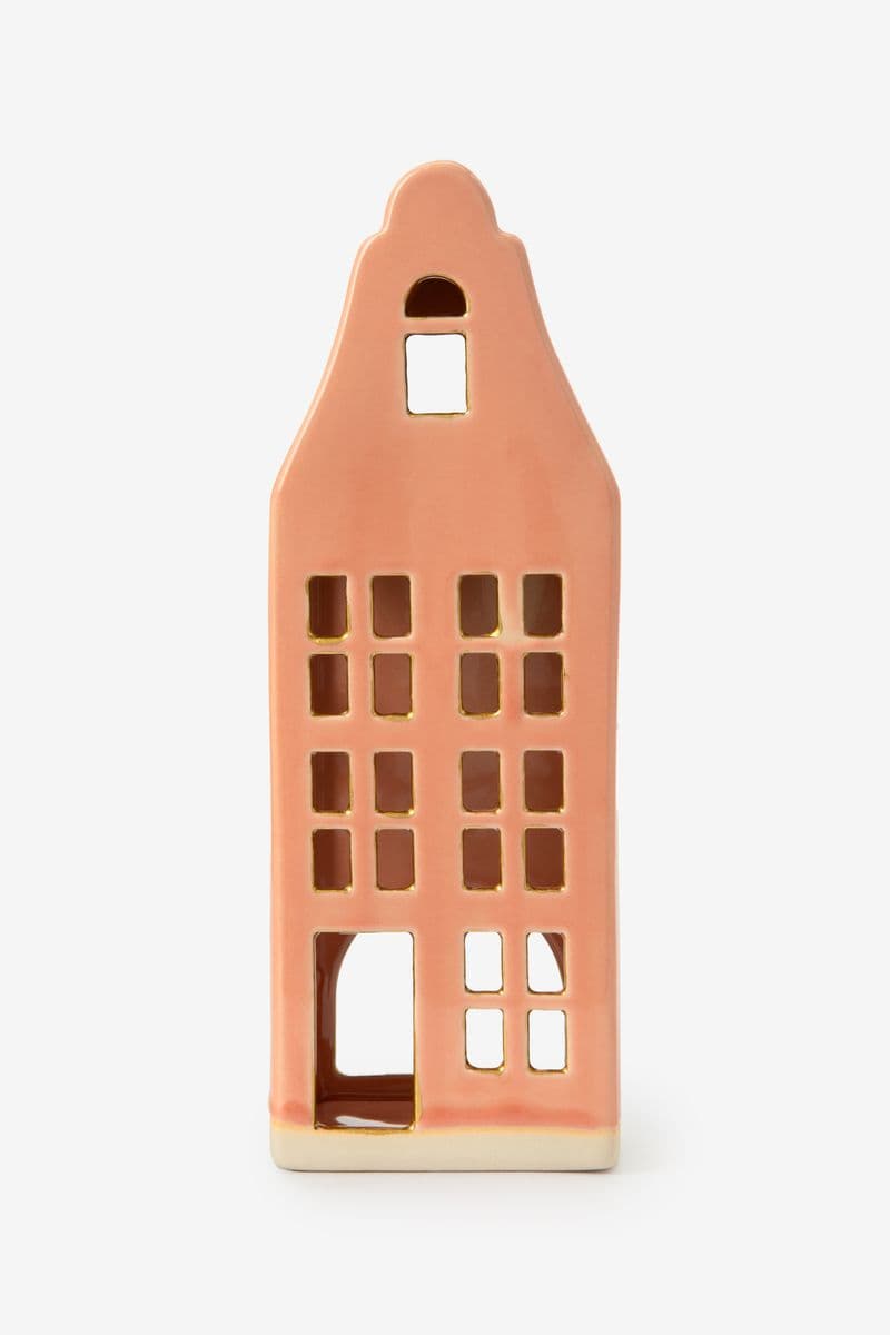 Photophore Maison Avec Façade À Pignon - Rose Clair