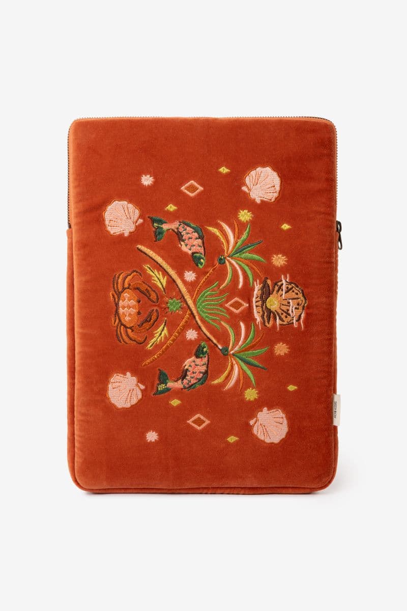 Housse Ordinateur Portable En Velours Avec Broderies - Orange