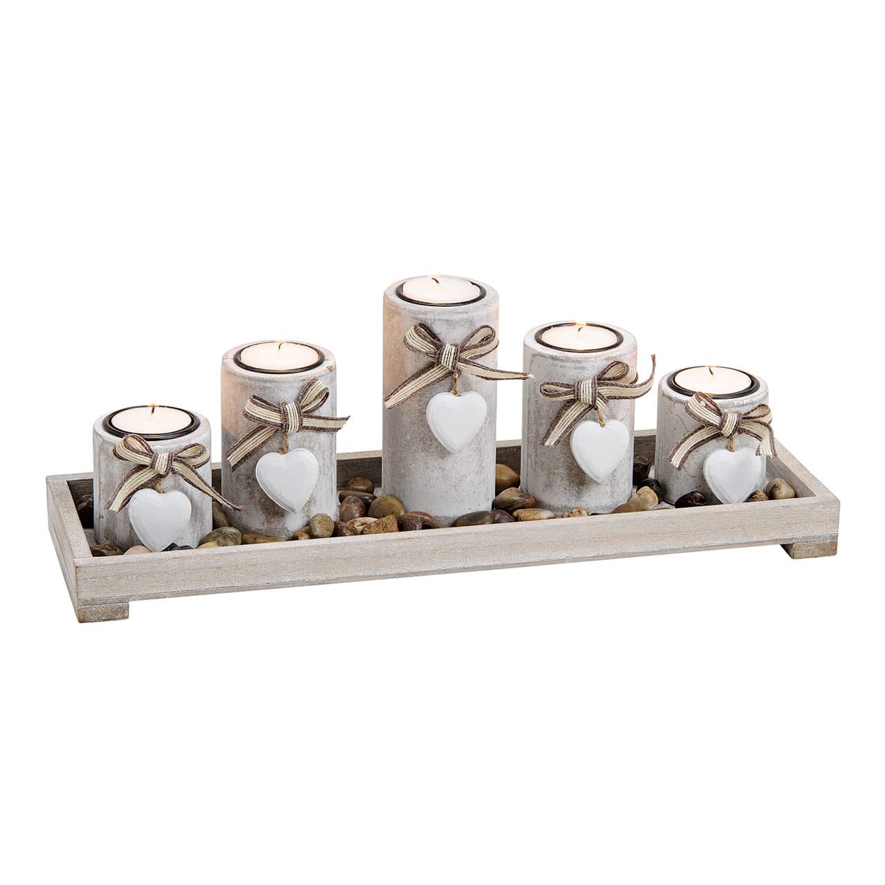 Set van 5 theelichthouders op dienblad met houten stenen, wit (B/H/D) 38x12x11 cm