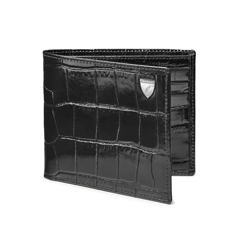 Aspinal of London 8 Card Billfold Wallet in Deep Shine Black Croc