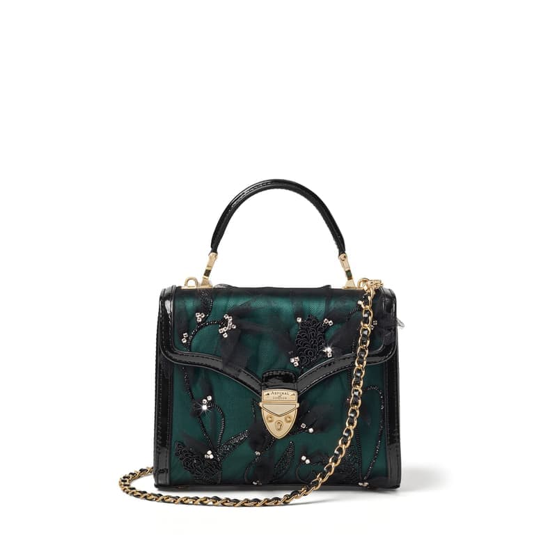 Aspinal of London Midi Mayfair® Emerald Satin with Hand Embroidered Black Tulle