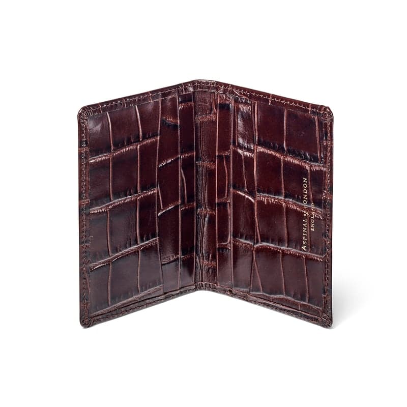 Aspinal of London Double Fold Credit Card Holder in Deep Shine Amazon Brown Croc