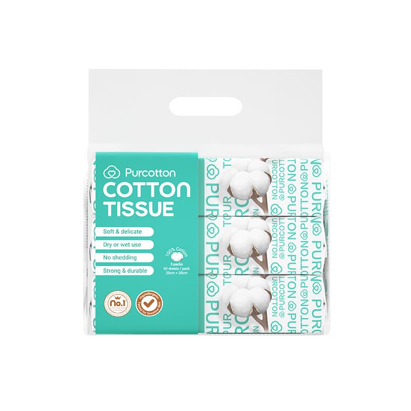 Purcotton Reines Baumwoll-Tuch, 180 Stück (60 Stück × 3 Packungen), dick und hautfreundlich, bevorzugt für Mutter und Baby