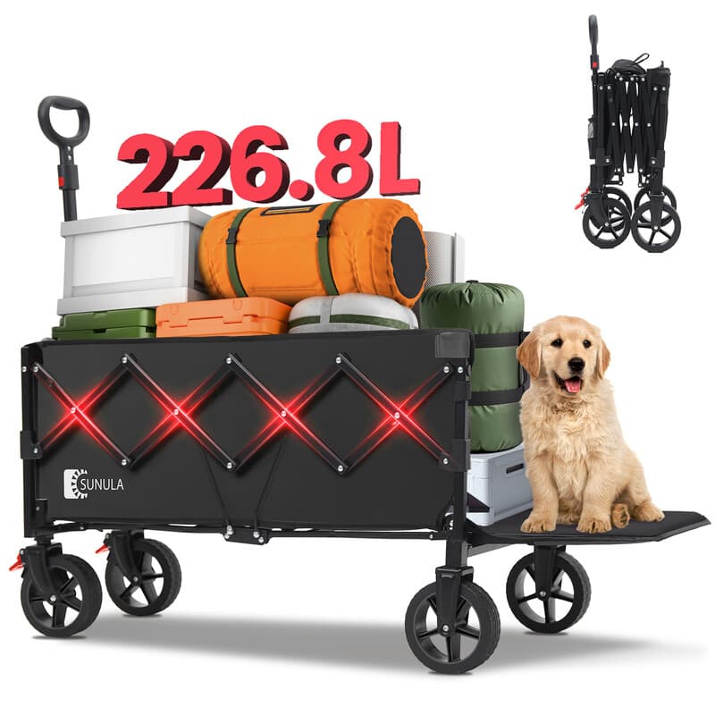 SUNULA Klappbare Bollerwagen mit 226.8 L Fassungsvermögen und 100 kg Belastbarkeit, verlängerte Laderampe, All-Terrain-Räder mit Bremsen, ideal
