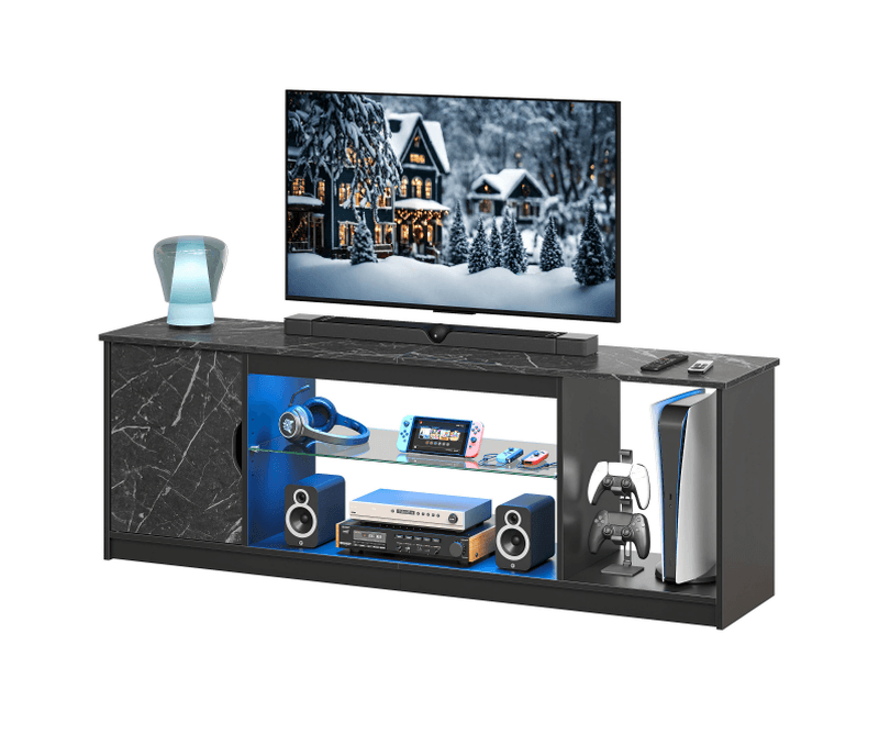Bestier Lowboard TV-Schrank, TV-Schrank mit RGB LED (Breite 144,8 cm mit 2 offenen Fächern und 1 Tür), TV-Tisch mit verstellbaren Glasregalen für